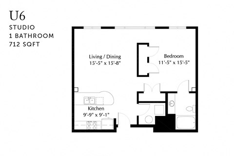 Floor plan for studio, 1 bath, 712 sqft
